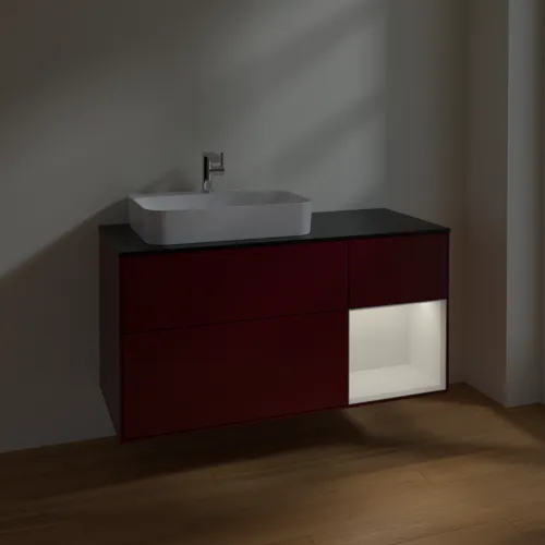VILLEROY BOCH Toaletní skříňka Finion, s osvětlením, 3 výsuvy, 1200 x 603 x 501 mm, matný lak Peony / lesklý bílý lak / černé matné sklo #F402GFHB, obrázek 5