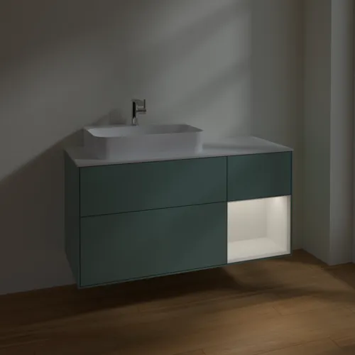 VILLEROY BOCH Toaletní skříňka Finion, s osvětlením, 3 výsuvy, 1200 x 603 x 501 mm, olivově matný lak / lesklý bílý lak / sklo bílé matné #F401GFGM, obrázek 5