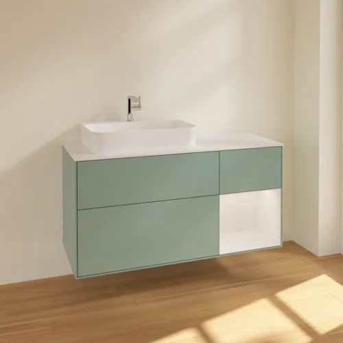 VILLEROY BOCH Toaletní skříňka Finion, s osvětlením, 3 výsuvy, 1200 x 603 x 501 mm, olivově matný lak / lesklý bílý lak / sklo bílé matné #F401GFGM, obrázek 2