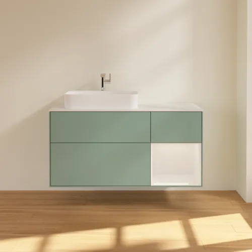VILLEROY BOCH Toaletní skříňka Finion, s osvětlením, 3 výsuvy, 1200 x 603 x 501 mm, olivově matný lak / lesklý bílý lak / sklo bílé matné #F401GFGM, obrázek 3