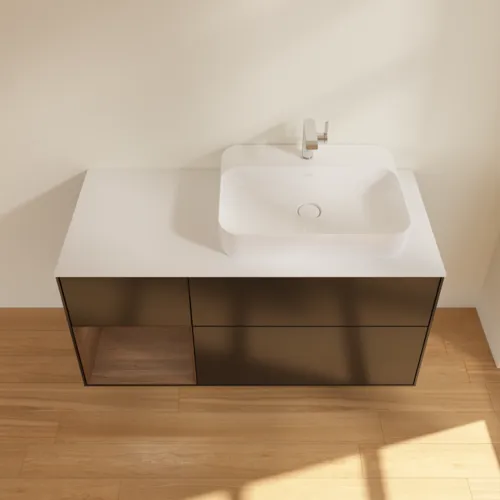 VILLEROY BOCH Toaletní skříňka Finion, s osvětlením, 3 výsuvy, 1200 x 603 x 501 mm, černý matný lak / ořechová dýha / bílé matné sklo #F391GNPD, obrázek 4