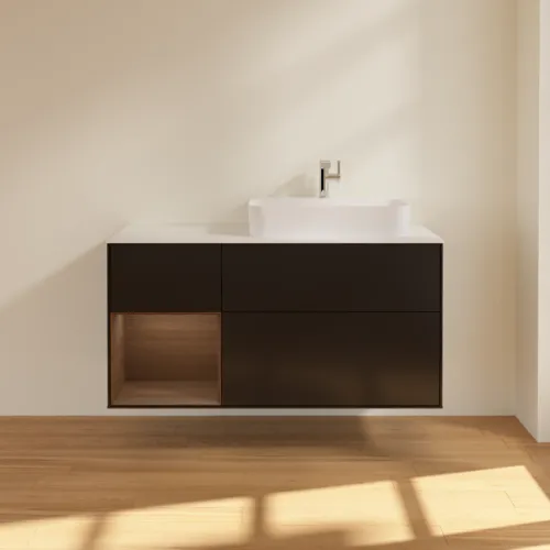 VILLEROY BOCH Toaletní skříňka Finion, s osvětlením, 3 výsuvy, 1200 x 603 x 501 mm, černý matný lak / ořechová dýha / bílé matné sklo #F391GNPD, obrázek 3
