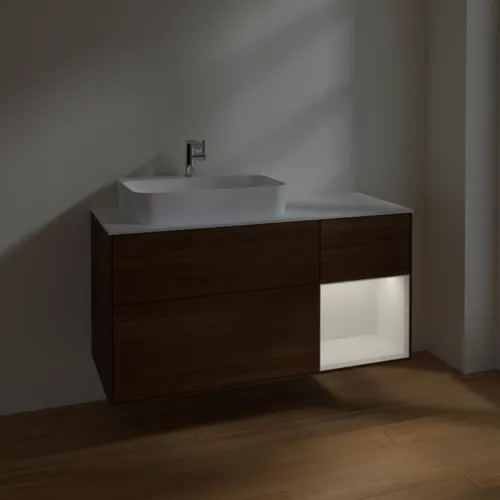 VILLEROY BOCH Toaletní skříňka Finion, s osvětlením, 3 výsuvy, 1200 x 603 x 501 mm, ořechová dýha / lesklý bílý lak / sklo bílé matné #F401GFGN, obrázek 5