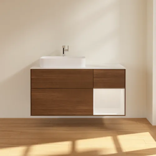 VILLEROY BOCH Toaletní skříňka Finion, s osvětlením, 3 výsuvy, 1200 x 603 x 501 mm, ořechová dýha / lesklý bílý lak / sklo bílé matné #F401GFGN, obrázek 3