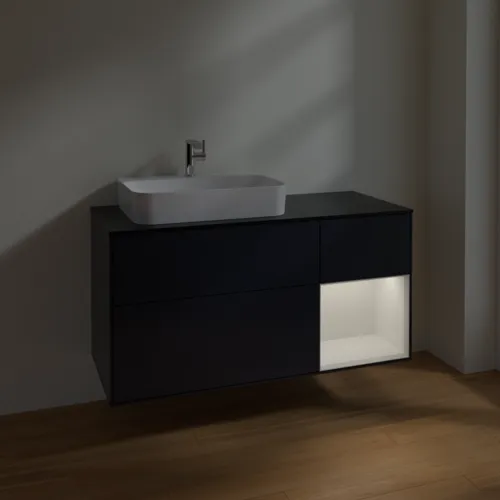VILLEROY BOCH Toaletní skříňka Finion, s osvětlením, 3 výsuvy, 1200 x 603 x 501 mm, Midnight Blue Matt Lacquer / Glossy White Lacquer / Glass Black Matt #F402GFHG, obrázek 5