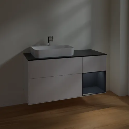 VILLEROY BOCH Toaletní skříňka Finion, s osvětlením, 3 výsuvy, 1200 x 603 x 501 mm, lesklý bílý lak / půlnoční modrý matný lak / černé matné sklo #F402HGGF, obrázek 5