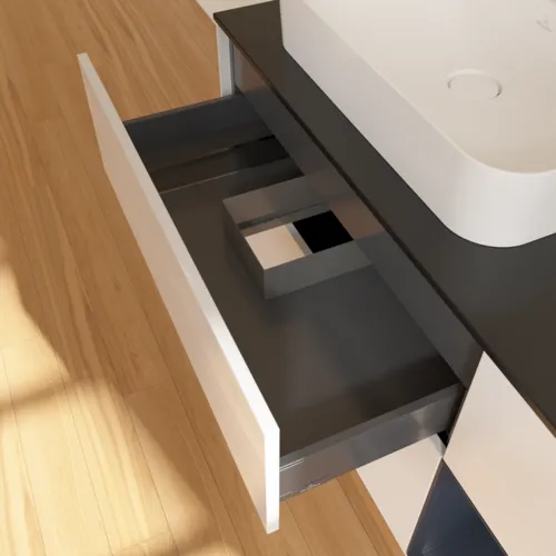 VILLEROY BOCH Toaletní skříňka Finion, s osvětlením, 3 výsuvy, 1200 x 603 x 501 mm, lesklý bílý lak / půlnoční modrý matný lak / černé matné sklo #F402HGGF, obrázek 8
