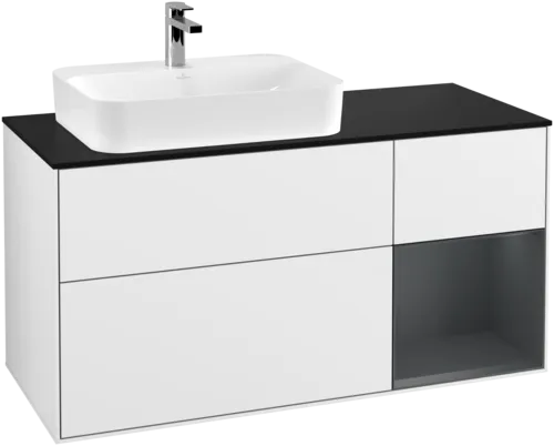 VILLEROY BOCH Toaletní skříňka Finion, s osvětlením, 3 výsuvy, 1200 x 603 x 501 mm, lesklý bílý lak / půlnoční modrý matný lak / černé matné sklo #F402HGGF