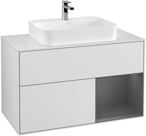 VILLEROY BOCH Toaletní skříňka Finion, s osvětlením, 2 výsuvy, 1000 x 603 x 501 mm, bílý matný lak / antracitový matný lak / bílé matné sklo #F371GKMT