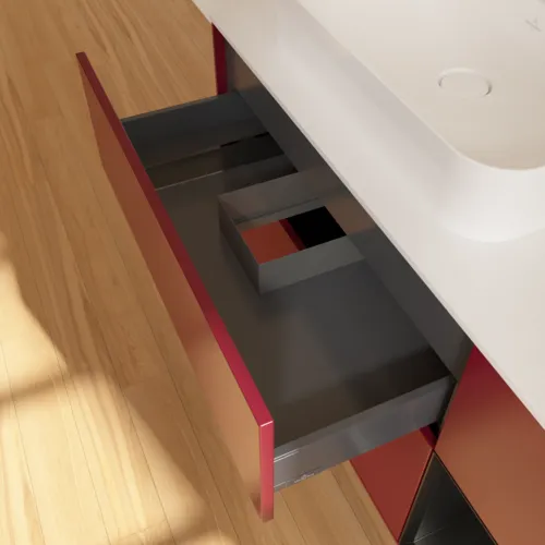 VILLEROY BOCH Toaletní skříňka Finion, s osvětlením, 3 výsuvy, 1200 x 603 x 501 mm, Pivoňka matný lak / Černý matný lak / Sklo bílé matné #F401PDHB, obrázek 8