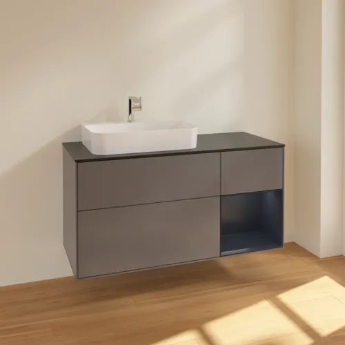 VILLEROY BOCH Toaletní skříňka Finion, s osvětlením, 3 výsuvy, 1200 x 603 x 501 mm, antracitový matný lak / půlnoční modrý matný lak / černé matné sklo #F402HGGK, obrázek 2