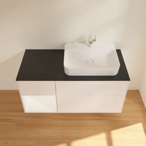 VILLEROY BOCH Toaletní skříňka Finion, s osvětlením, 3 výsuvy, 1200 x 603 x 501 mm, bílý matný lak / bílý matný lak / černé matné sklo #F392MTMT, obrázek 4