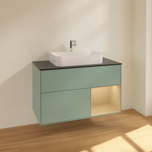 VILLEROY BOCH Toaletní skříňka Finion, s osvětlením, 2 výsuvy, 1000 x 603 x 501 mm, olivový matný lak / dubová dýha / sklo černé matné #F372PCGM, obrázek 2