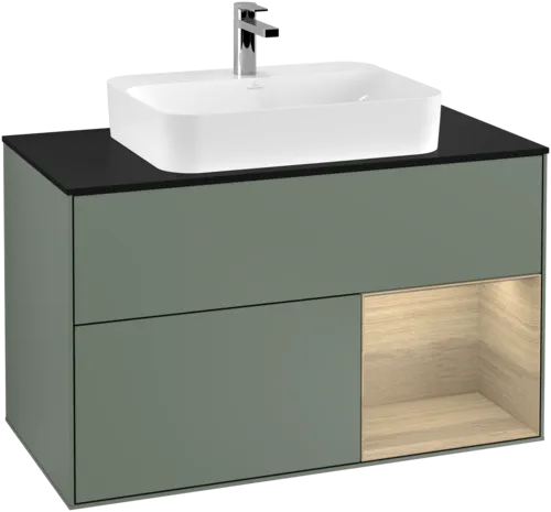 VILLEROY BOCH Toaletní skříňka Finion, s osvětlením, 2 výsuvy, 1000 x 603 x 501 mm, olivový matný lak / dubová dýha / sklo černé matné #F372PCGM