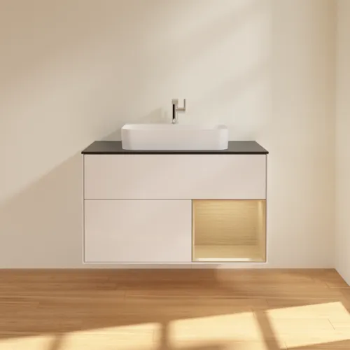 VILLEROY BOCH Toaletní skříňka Finion, s osvětlením, 2 výsuvy, 1000 x 603 x 501 mm, lesklý bílý lak / dubová dýha / černé matné sklo #F372PCGF, obrázek 3
