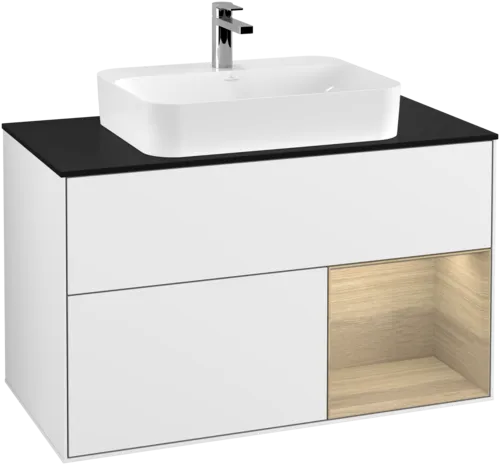 VILLEROY BOCH Toaletní skříňka Finion, s osvětlením, 2 výsuvy, 1000 x 603 x 501 mm, lesklý bílý lak / dubová dýha / černé matné sklo #F372PCGF