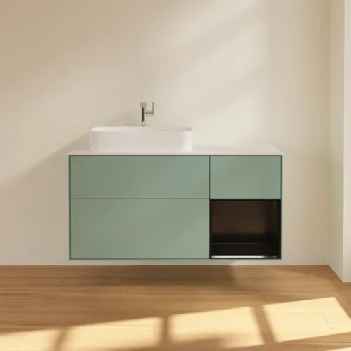 VILLEROY BOCH Toaletní skříňka Finion, s osvětlením, 3 výsuvy, 1200 x 603 x 501 mm, olivový matný lak / černý matný lak / bílé matné sklo #F401PDGM, obrázek 3