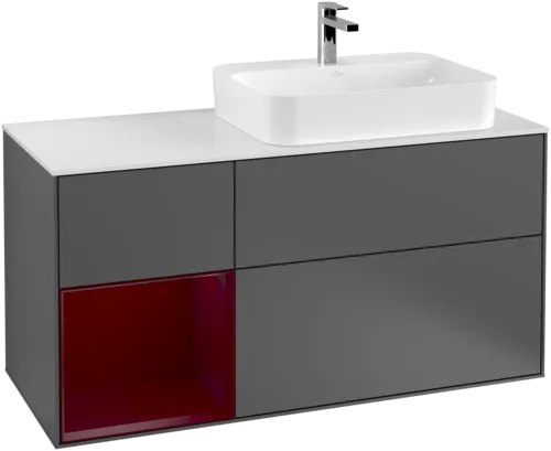 VILLEROY BOCH Toaletní skříňka Finion, s osvětlením, 3 výsuvy, 1200 x 603 x 501 mm, antracitový matný lak / pivoňkový matný lak / bílé matné sklo #F391HBGK