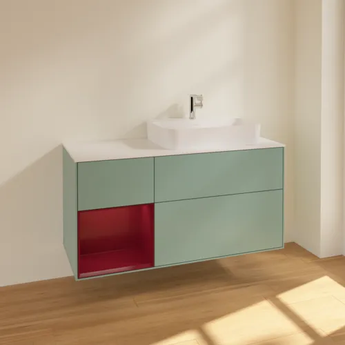 VILLEROY BOCH Toaletní skříňka Finion, s osvětlením, 3 výsuvy, 1200 x 603 x 501 mm, olivový matný lak / pivoňkový matný lak / bílé matné sklo #F391HBGM, obrázek 2