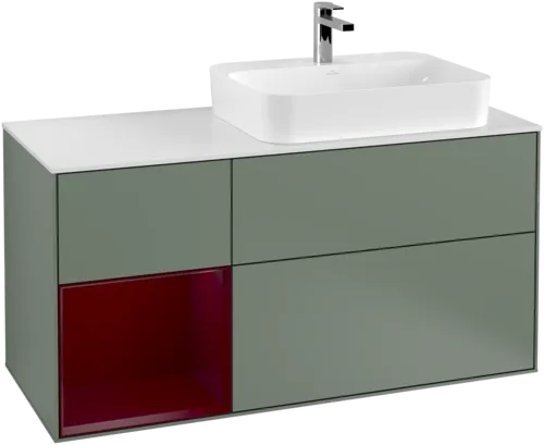 VILLEROY BOCH Toaletní skříňka Finion, s osvětlením, 3 výsuvy, 1200 x 603 x 501 mm, olivový matný lak / pivoňkový matný lak / bílé matné sklo #F391HBGM