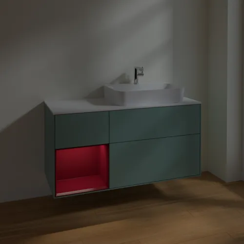 VILLEROY BOCH Toaletní skříňka Finion, s osvětlením, 3 výsuvy, 1200 x 603 x 501 mm, olivový matný lak / pivoňkový matný lak / bílé matné sklo #F391HBGM, obrázek 5