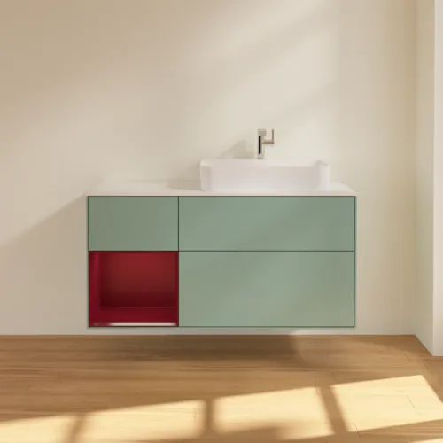 VILLEROY BOCH Toaletní skříňka Finion, s osvětlením, 3 výsuvy, 1200 x 603 x 501 mm, olivový matný lak / pivoňkový matný lak / bílé matné sklo #F391HBGM, obrázek 3