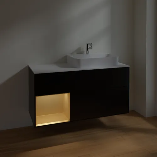 VILLEROY BOCH Toaletní skříňka Finion, s osvětlením, 3 výsuvy, 1200 x 603 x 501 mm, černý matný lak / zlatý matný lak / bílé matné sklo #F391HFPD, obrázek 5