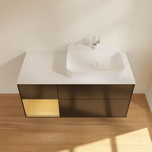 VILLEROY BOCH Toaletní skříňka Finion, s osvětlením, 3 výsuvy, 1200 x 603 x 501 mm, černý matný lak / zlatý matný lak / bílé matné sklo #F391HFPD, obrázek 4