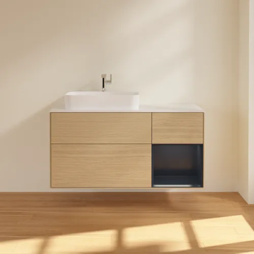 VILLEROY BOCH Toaletní skříňka Finion, s osvětlením, 3 výsuvy, 1200 x 603 x 501 mm, dubová dýha / půlnočně modrý matný lak / bílé matné sklo #F401HGPC, obrázek 3