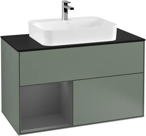 VILLEROY BOCH Toaletní skříňka Finion, s osvětlením, 2 výsuvy, 1000 x 603 x 501 mm, olivový matný lak / antracitový matný lak / černé matné sklo #F362GKGM