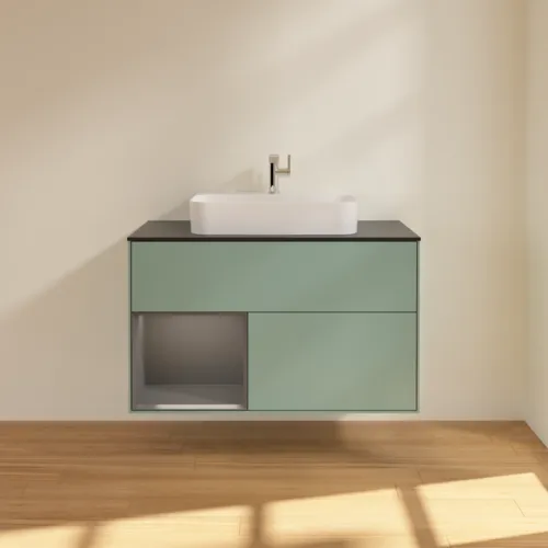 VILLEROY BOCH Toaletní skříňka Finion, s osvětlením, 2 výsuvy, 1000 x 603 x 501 mm, olivový matný lak / antracitový matný lak / černé matné sklo #F362GKGM, obrázek 3