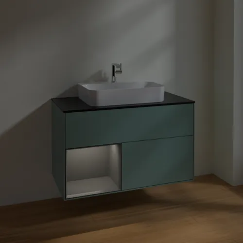 VILLEROY BOCH Toaletní skříňka Finion, s osvětlením, 2 výsuvy, 1000 x 603 x 501 mm, olivový matný lak / antracitový matný lak / černé matné sklo #F362GKGM, obrázek 5
