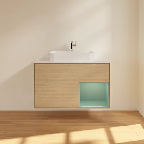 VILLEROY BOCH Toaletní skříňka Finion, s osvětlením, 2 výsuvy, 1000 x 603 x 501 mm, dubová dýha / olivový matný lak / sklo bílé matné #F371GMPC, obrázek 3