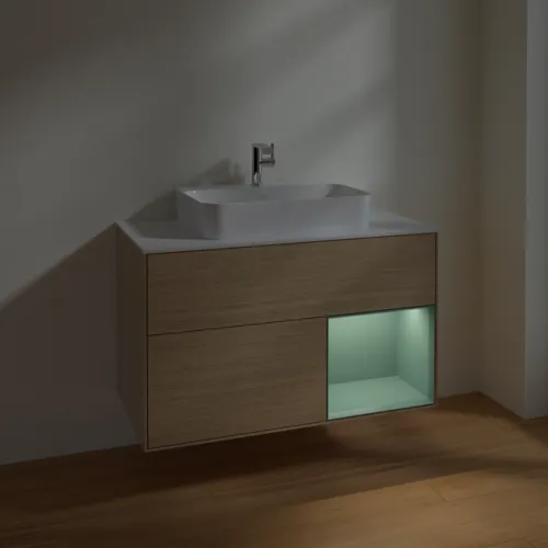 VILLEROY BOCH Toaletní skříňka Finion, s osvětlením, 2 výsuvy, 1000 x 603 x 501 mm, dubová dýha / olivový matný lak / sklo bílé matné #F371GMPC, obrázek 5