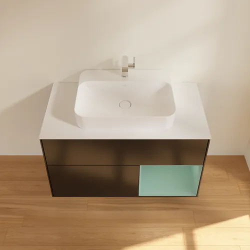 VILLEROY BOCH Toaletní skříňka Finion, s osvětlením, 2 výsuvy, 1000 x 603 x 501 mm, černý matný lak / olivový matný lak / bílé matné sklo #F371GMPD, obrázek 4