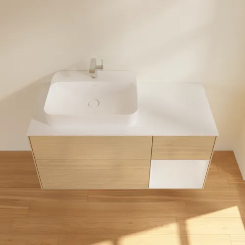 VILLEROY BOCH Toaletní skříňka Finion, s osvětlením, 3 výsuvy, 1200 x 603 x 501 mm, dubová dýha / lesklý bílý lak / sklo bílé matné #F401GFPC, obrázek 4