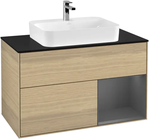 VILLEROY BOCH Toaletní skříňka Finion, s osvětlením, 2 výsuvy, 1000 x 603 x 501 mm, dubová dýha / antracitový matný lak / černé matné sklo #F372GKPC, obrázek 1