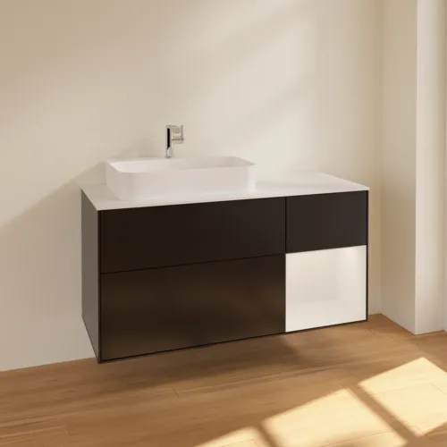 VILLEROY BOCH Toaletní skříňka Finion, s osvětlením, 3 výsuvy, 1200 x 603 x 501 mm, černý matný lak / bílý lesklý lak / bílé matné sklo #F401GFPD, obrázek 2