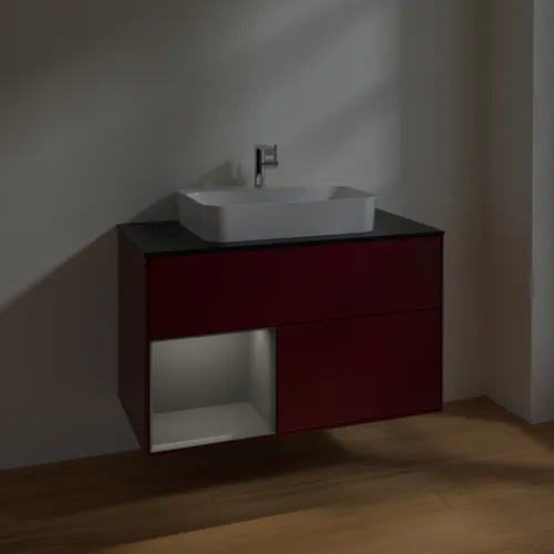 VILLEROY BOCH Toaletní skříňka Finion, s osvětlením, 2 výsuvy, 1000 x 603 x 501 mm, Pivoňka matný lak / Antracit matný lak / Sklo černé matné #F362GKHB, obrázek 5