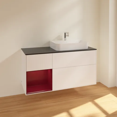 VILLEROY BOCH Toaletní skříňka Finion, s osvětlením, 3 výsuvy, 1200 x 603 x 501 mm, bílý matný lak / pivoňkový matný lak / černé matné sklo #F392HBMT, obrázek 2