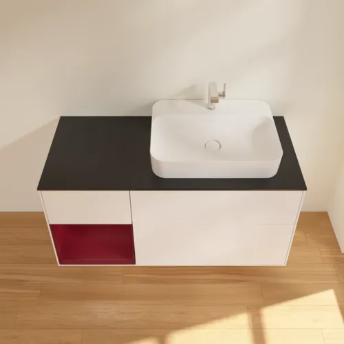 VILLEROY BOCH Toaletní skříňka Finion, s osvětlením, 3 výsuvy, 1200 x 603 x 501 mm, bílý matný lak / pivoňkový matný lak / černé matné sklo #F392HBMT, obrázek 4