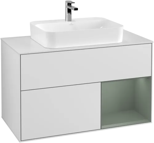 VILLEROY BOCH Toaletní skříňka Finion, s osvětlením, 2 výsuvy, 1000 x 603 x 501 mm, bílý matný lak / olivový matný lak / bílé matné sklo #F371GMMT