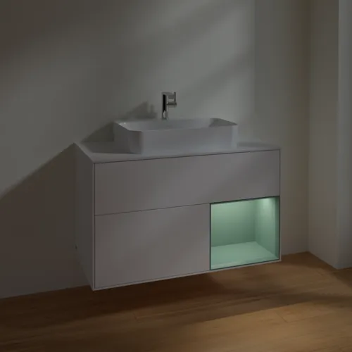 VILLEROY BOCH Toaletní skříňka Finion, s osvětlením, 2 výsuvy, 1000 x 603 x 501 mm, bílý matný lak / olivový matný lak / bílé matné sklo #F371GMMT, obrázek 5