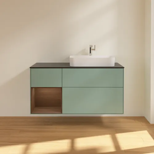 VILLEROY BOCH Toaletní skříňka Finion, s osvětlením, 3 výsuvy, 1200 x 603 x 501 mm, olivový matný lak / ořechová dýha / černé matné sklo #F392GNGM, obrázek 3