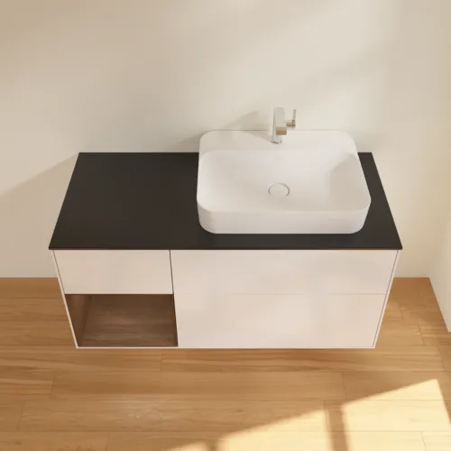 VILLEROY BOCH Toaletní skříňka Finion, s osvětlením, 3 výsuvy, 1200 x 603 x 501 mm, lesklý bílý lak / ořechová dýha / černé matné sklo #F392GNGF, obrázek 3