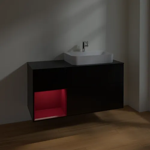 VILLEROY BOCH Toaletní skříňka Finion, s osvětlením, 3 výsuvy, 1200 x 603 x 501 mm, černý matný lak / pivoňkový matný lak / černé matné sklo #F392HBPD, obrázek 5