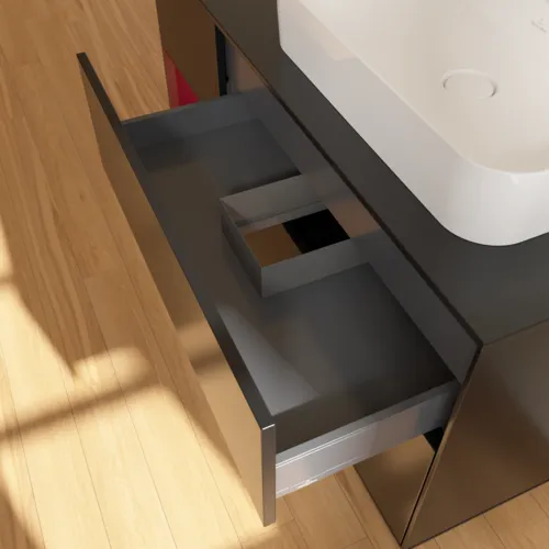 VILLEROY BOCH Toaletní skříňka Finion, s osvětlením, 3 výsuvy, 1200 x 603 x 501 mm, černý matný lak / pivoňkový matný lak / černé matné sklo #F392HBPD, obrázek 8