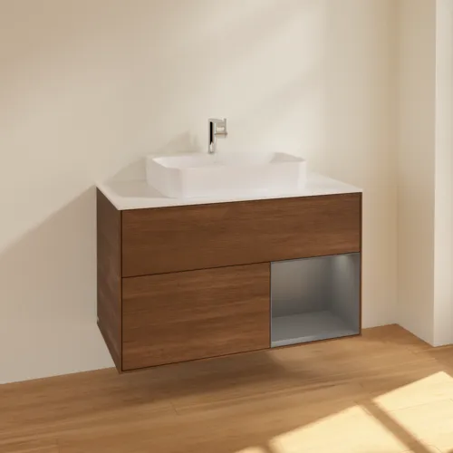 VILLEROY BOCH Toaletní skříňka Finion, s osvětlením, 2 výsuvy, 1000 x 603 x 501 mm, ořechová dýha / antracitový matný lak / bílé matné sklo #F371GKGN, obrázek 2