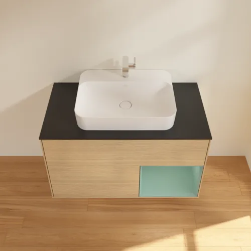 VILLEROY BOCH Toaletní skříňka Finion, s osvětlením, 2 výsuvy, 1000 x 603 x 501 mm, dubová dýha / olivově matný lak / sklo černé matné #F372GMPC, obrázek 4