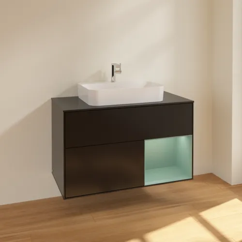 VILLEROY BOCH Toaletní skříňka Finion, s osvětlením, 2 výsuvy, 1000 x 603 x 501 mm, černý matný lak / olivový matný lak / černé matné sklo #F372GMPD, obrázek 2